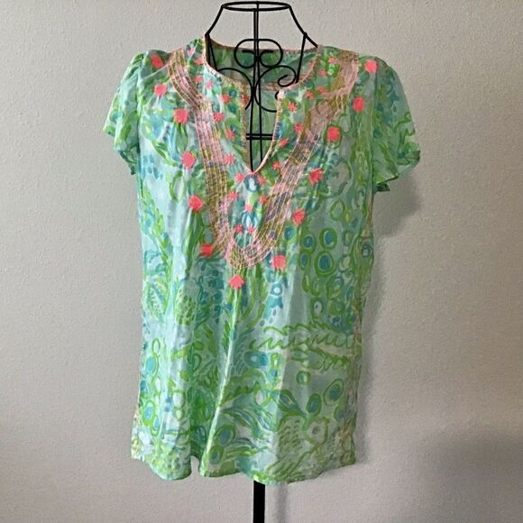 Lilly Pulitzer Cotton Embroidered Under the Sea Short Sleeve Blouse - Picture 9 of 11